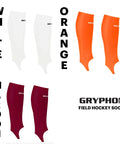 White, orange, and maroon footless shinguard socks for field hockey and soccer athletes with breathable comfort.
