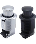 Push Button Cabinet Latches For Campers And RVs, alloy drawer and door locks, chrome and black finish, side view