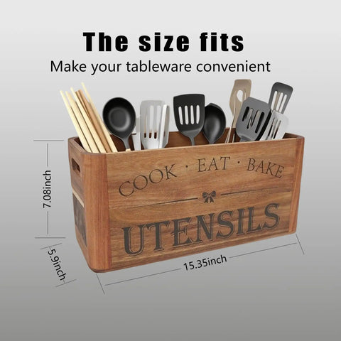 Extra Large Utensil Holder for Kitchen Countertop with Four Removable Compartments in Acacia Wood, holding spatulas and spoons