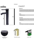 Black faucet details for white ceramic vessel sink, features including size, style, and materials for countertop installation.
