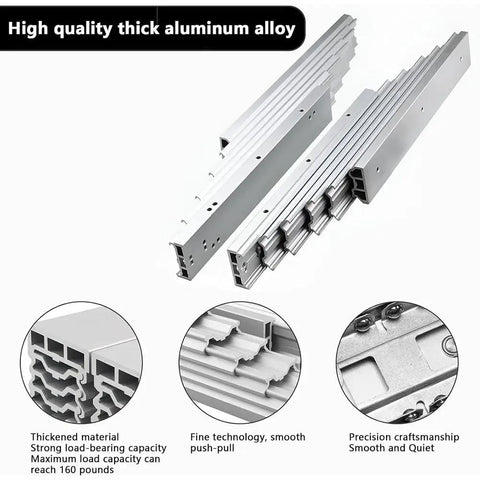 Rock Solid Full Extension Table Slide, Heavy Duty Aluminum Drawer Rail With Butter Smooth Silent Rollers, Anti Rust Cabinet Guide Track, Linked Hardware For Kitchen Upgrades And Furniture Mods, detailed view of thick aluminum rails.