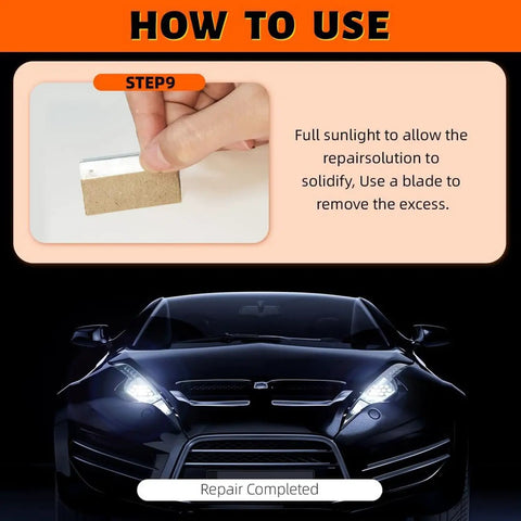 Instructions for using Windshield Chip And Crack Repair Kit With Suction Cup Bracket showing step to remove excess resin.