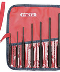 7-Piece Roll Pin Punch Set In S2 Steel, Heat Treated For Superior Strength, in a red carrying pouch