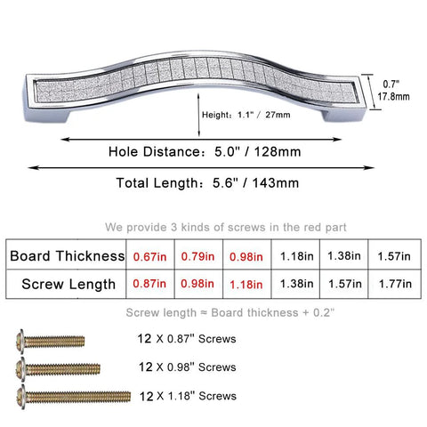 Detailed view of Bling Crystal Door And Drawer Pulls Knobs Set 6 Pack Modern European Style Square Rhinestone Handles dimensions and screws.
