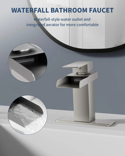 Waterfall Bathroom Faucet In Brushed Nickel Modern Single Handle Or 3 Hole Sink Faucet With Deck Plate Displayed In Bathroom