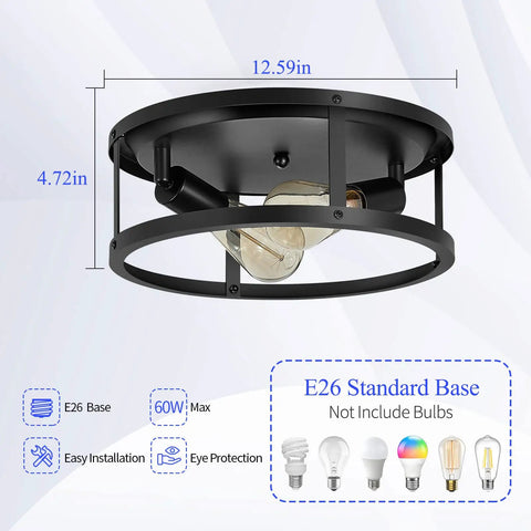 13 Inch Black Flush Mount Ceiling Light Fixture 2 Light 2 Pack Durable Matte Black Finish Sturdy Frame Modern Industrial Farmhouse Ceiling Lights For Kitchen Hallway Bedroom Versatile Living Areas Lighting with E26 base and dimensions