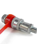 1/4 NPT hydraulic quick coupler with red handle and knurled metal body; side view shows male threaded end.