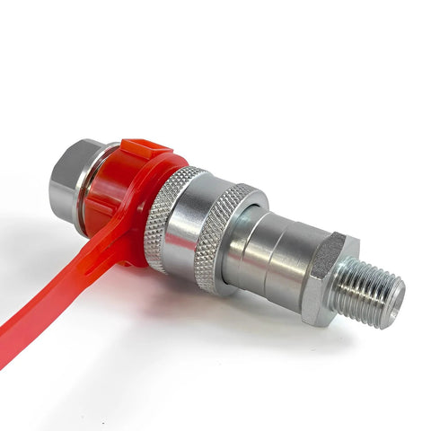 1/4 NPT hydraulic quick coupler with red handle and knurled metal body; side view shows male threaded end.