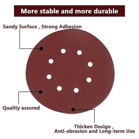 50 Pcs 5 Inch 125mm Wet Dry Sanding Discs With Eight Holes For Wood Metal Polishing And Surface Smoothing Tasks, showing sandy surface and holes.