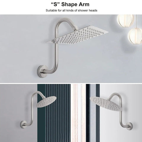 High Rise S Shaped Shower Arm Extender With Flange 10 Inch Brushed Nickel Shower Riser For Tall Showers Easy To Clean Stainless Steel Construction No Tools Required Half Inch Connection Bathroom Upgrade wall mounted