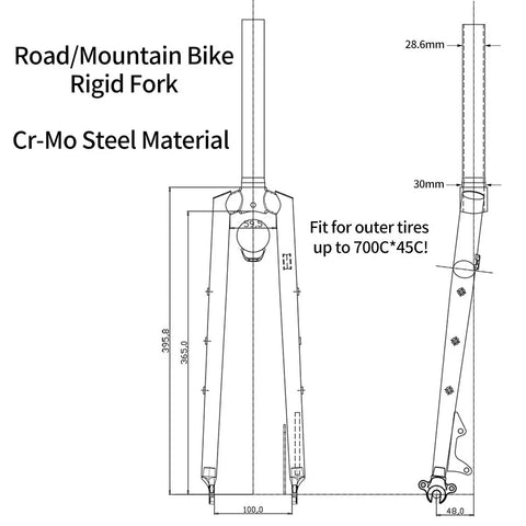 Diagram of Rigid Front Fork For 700C Road Bikes One Eighth Inch Straight Tube Chrome Moly Steel With Disc Brake Mounts