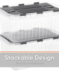 12 Pack Heavy Duty Clear Deep Storage Containers With Secure Hinged Lids 27.5 Quart stacked design for space-saving organization.