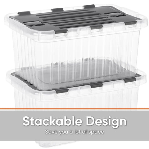 12 Pack Heavy Duty Clear Deep Storage Containers With Secure Hinged Lids 27.5 Quart stacked design for space-saving organization.