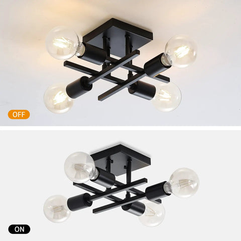 2 Pack Industrial 4 Light Semi Flush Mount Ceiling Light Fixtures Black Modern Farmhouse Sputnik Style with E26 Base off on