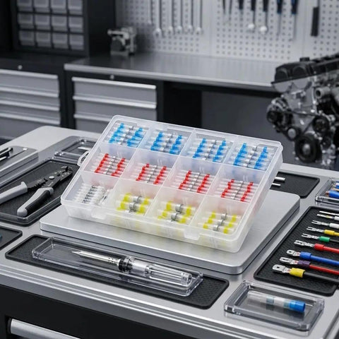 Top Notch 300pc Waterproof Solder Seal Butt Connector Kit With Heat Shrink Terminals For Reliable Automotive And Marine Wire Joints That Stay Dry And Conduct Like A Champ Without The Hassle Of Traditional Soldering For Any Tough Job. 300-piece clear organizer box with assorted heat shrink butt connectors
