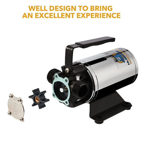No Bull No Hassle 12V Water Transfer Pump, compact metallic design for efficient water drainage in various applications.