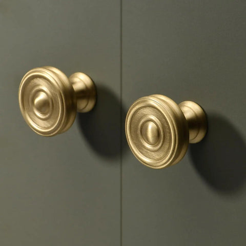 Solid Brass Cabinet Knobs Six Pack, Brushed Matte Gold Round Drawer Pulls, 1-1/4 Inch, Durable Bathroom Kitchen Wardrobe Closet Hardware