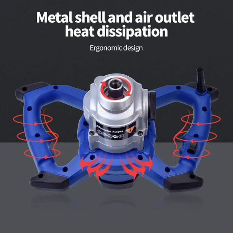 Overhead view of 1800W Electric Concrete Mixer With 7 Speed Control showing metal shell and air outlet features.