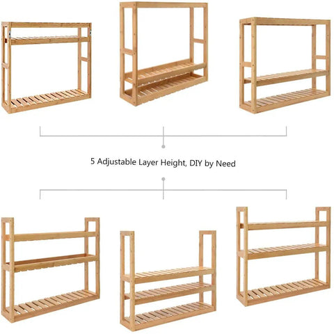 Bamboo 3 Tier Wall Mount Over Toilet Shelf Rack Adjustable Space Saving Storage options displayed, five adjustable positions.