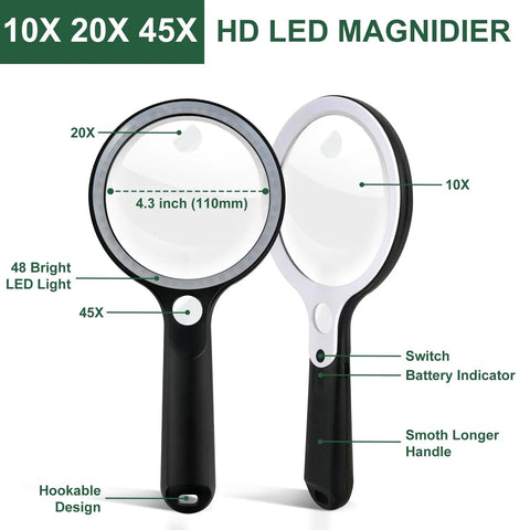 Rechargeable Illuminated Handheld Magnifier With 48 LED Lights, 10X 20X 45X Zoom, Five Light Modes, Scratch Resistant 4.3 Inch Lens