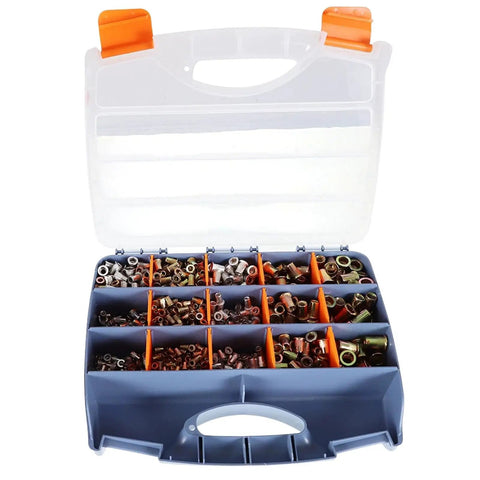 Top Notch 900 Piece Rivnut Kit With Heavy Duty Hand Riveter Gun Tool Set M3 To M10 Assortment For Metal Fastening Jobs That Are A Total Winner And Get The Job Done Right, case open