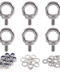 304 Stainless Steel M8 Eye Bolts Beefy Lifting Ring Set With Lock Nuts Washers And Flat Washers Heavy Duty Shoulder Ring Bolts For Rigging Hoisting And Secure Load Connections in stainless steel, showing six eye bolts, nuts, and washers.