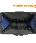 Interior view of Heavy Duty Tool Backpack For Electricians And Pros, Waterproof Tool Bag with 600D Durable Build compartments, blue lining.