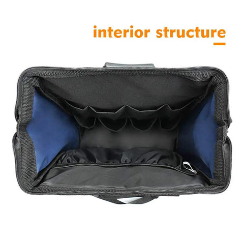 Interior view of Heavy Duty Tool Backpack For Electricians And Pros, Waterproof Tool Bag with 600D Durable Build compartments, blue lining.