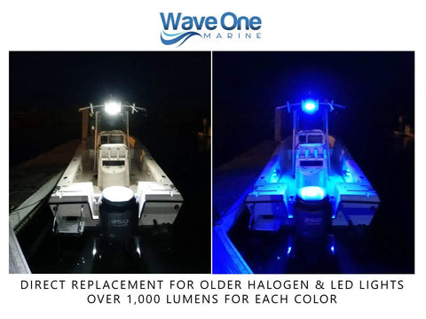 Marine Dual Color LED Boat Spreader Light with deck flood beam, stainless hardware, white housing, night visibility shown.
