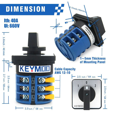 Beefy 40A Rotary Changeover Switch With Exterior Box detailed dimensions and features for three-phase systems.