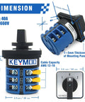 Dimensions and features of 40A 660V Rotary Changeover Switch 3 Position 3 Pole 12 Terminals Universal Selector, shown in blue.