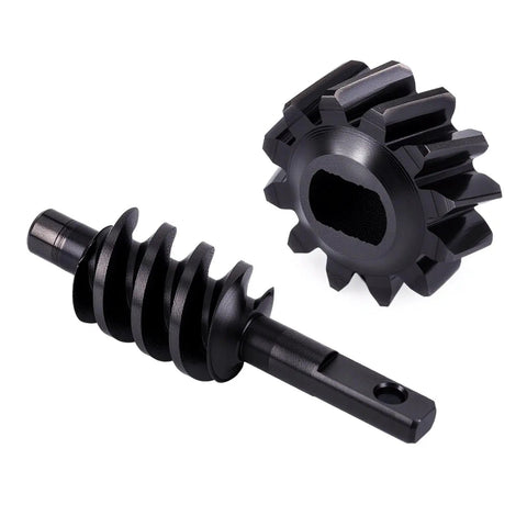 Hardened Steel Helical Axle Gear Set 12T for 1/30 RC Crawler with CNC Machined Worm and Spur Gears, black components close-up