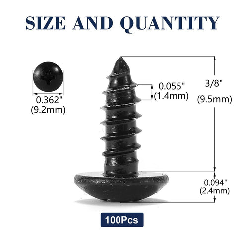Heavy Duty 8 By 3 8 Truss Head Wood Screws With Phillips Recess 304 Stainless Steel Self Tapping Fasteners Black Oxide Finish 100 Pack size dimensions