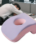 Office Nap Pillow With Memory Foam Neck Support Headrest placed on office desk, violet, lightweight portable cushion for quick naps