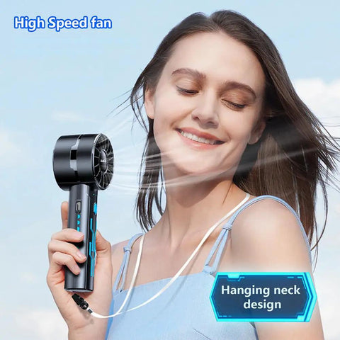 Woman using 2 Pack Portable Handheld Turbo Fan With 7000rpm High Speed Motor USB Rechargeable Cooling Personal Fan outdoors