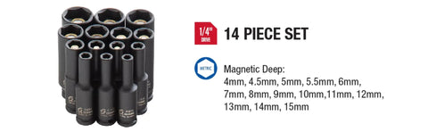 One Quarter Inch Drive Deep Magnetic Impact Socket Set 14 Piece Metric Cr Mo Alloy Steel With Deep Radius Corner Design