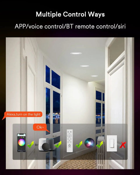4 Pack Canless Smart Recessed LED Light 4 Inch With Junction Box 9W 810lm WiFi Bluetooth Color Changing RGBCW Remote Control Setup