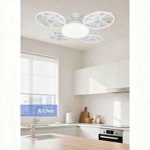 MENGLANSI Flush Mount Fan Light in a bright kitchen, featuring a modern design with four fan blades and a round light fixture.