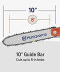 Image of Husqvarna 10-inch guide bar designed for cutting up to 8-inch limbs, part of Gas Pole Saw With Ten Foot Reach For High Branches And Limbs Up To Eight Inches Thick Auto Oiling Bar And Chain X Cut Chain For Lasting Sharpness 21.7cc Multi Purpose Tool Attachment.