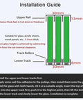Installation guide for Triple Track Sliding Door Hardware Kit with Aluminum U Channel Rails, dimensions and setup instructions.