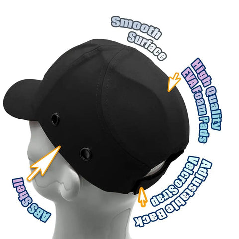 Side view of Black Baseball Safety Bump Cap With ABS Shell, Breathable 100 Percent Cotton, Impact Resistant, Adjustable Fit