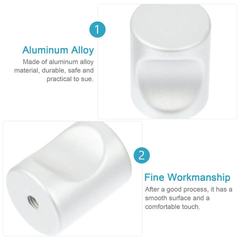 Close-up of matte white aluminum alloy kitchen cabinet handles; focuses on material and craftsmanship, 12 Pcs Matte Single Hole Cylindrical Cabinet Door Handles, Drawer Pulls For Kitchen Cabinets And Wardrobes, Slick Modern Furniture Grips, Replacement Hardware For Kitchen And Bathroom Cabinets shown.