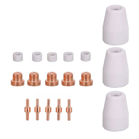Grab This 18 Piece Plasma Cutter Consumables Kit For Pt31 Machines Featuring Copper Electrodes Nozzles And Ceramic Rings To Boost Cuts And Keep Your Gear Running Smooth As Silk Today, showing copper electrodes and ceramic rings.