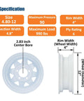 Beefed Up Heavy Duty Trailer Tire And Wheel Assembly Set Of 2 With 4.80-12 Bias Ply Tires Load Range C 6PR 12 Inch White Spoke Wheels 5 Lug 4.5 Inch PCD 990 Lb Max At 90 PSI Built For Utility Boat And Camper Trailers specification details
