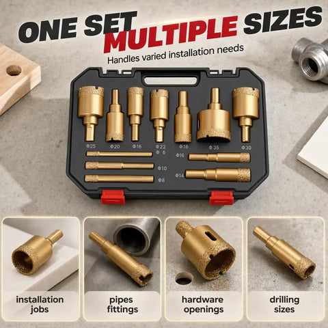 Solid 12 Pack Diamond Hole Saw Kit Brazed Bits For Cutting Ceramic Porcelain Tile Granite Marble Glass Dry Or Wet With No Slip Guide And Storage Bag 1/4 To 2 Inches Gold, 12-piece kit in case