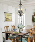 Farmhouse Orb Chandelier With 4 Lights, Handmade Distressed Wood And Rusty Metal Fixture in dining room setting