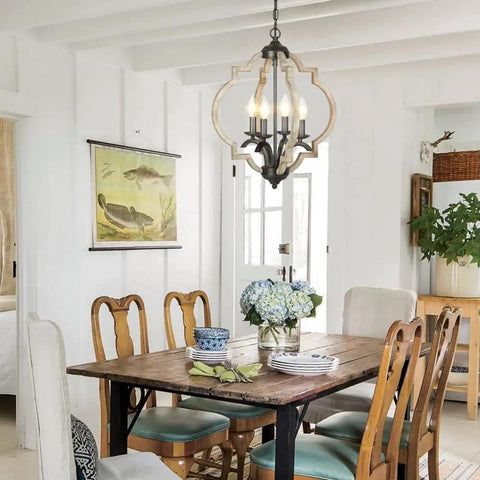 Farmhouse Orb Chandelier With 4 Lights, Handmade Distressed Wood And Rusty Metal Fixture in dining room setting
