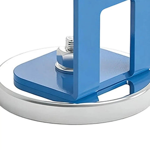 Sturdy Mig Torch Holder With Mighty Magnetic Base For Steel Tables, blue base with chrome magnetic surface for secure attachment.