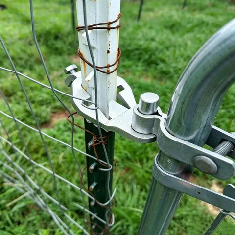 Heavy Duty T Post Gate Hinge Assembly Kit With Galvanized Steel Pins And Female Brackets For Chain Link Fences Quick No Sweat Install close-up of hinge on T post.