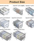 Product sizes for Effortless Wardrobe Closet Organizer System For Clothes And Accessories, with grid dividers for various clothing types.